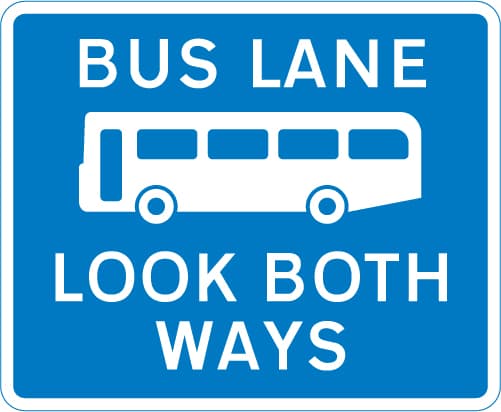 Bus lane with traffic proceeding from both ways  (reminder for pedestrians)