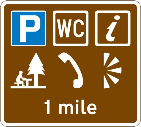 Distance ahead to parking place with a Tourist Information Point, picnic site, public telephone, public toilets and viewpoint