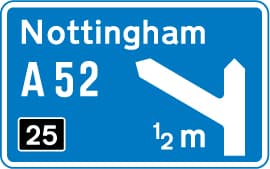 Motorway junction ahead, displaying the route number and destination reached by taking this route