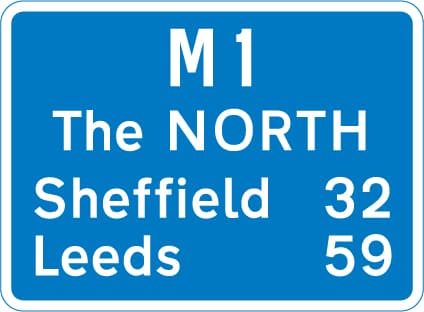 Route number of the motorway with destinations and distances to places along or reached from that route