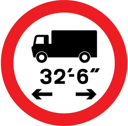 Vehicles exceeding 32'-6'' in length indicated prohibited